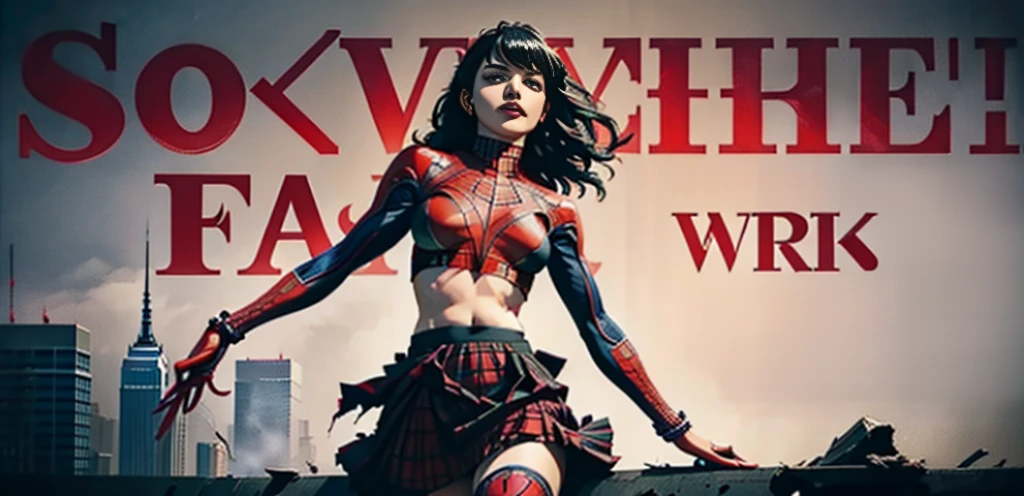 Sticking out the navel、newyork、She wears a torn Spider-Man suit,wearing skirt、 Red and black color scheme,Dynamic、masterpiece、top-quality、ultra-detailliert、ighly detailed、beautiful detailed brilliance、超A high resolution