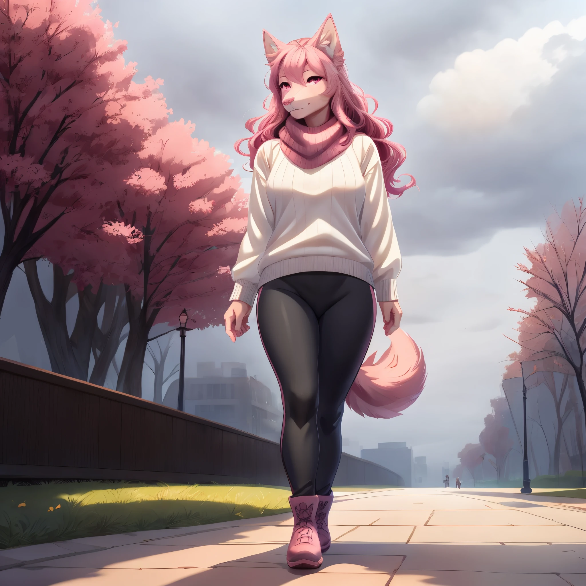 Solo:1.3, Athena, pink anthro dog, pink eyes, pink nose, long wavy pink hair, pink dog tail, pointy ears, wear white turtle neck sweater, long red scarf, black tight yoga pants, brown ugg boots, outdoors, walking at a park, looking up, cloudy overcast sky, by gudlmok99