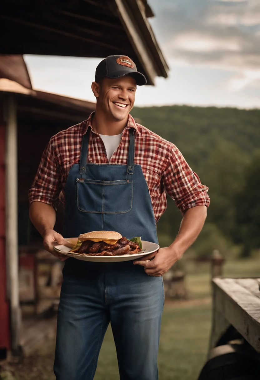 A photo of Cody at his favorite barbecue joint, wearing a bib and holding a massive plate of ribs with a satisfied grin on his face.,original,Cody “Thunder” Johnson, a fictional NASCAR legend, hails from the heart of Alabama, embodying the spirit of a true Southern country boy. He sports a rugged, unpolished look, often seen with a baseball cap, a casual flannel shirt, and jeans, his demeanor as relaxed and easy-going as his attire.