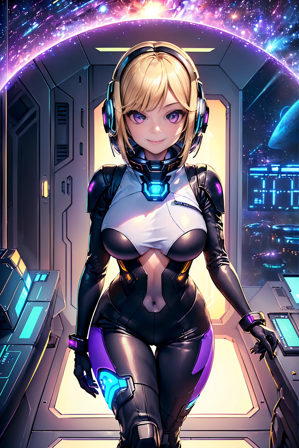 ​masterpiece:1.4, 1girl in ((20yr old, Dressed in a tight futuristic bodysuit in black and silver, long boots, huge-breasted, Multicolored blonde hair, Short Bob, Perfect model body, Purple eyes:1.4, Wearing headphones, Flirting, Happy, Big smile, Looking out the window of the futuristic sci-fi space station、While admiring the beautiful galaxy:1.2, SFSF control room on night background:1.1, Neon and energetic atmosphere:1.2)) ((Galaxy)) ((Solo:1.6))