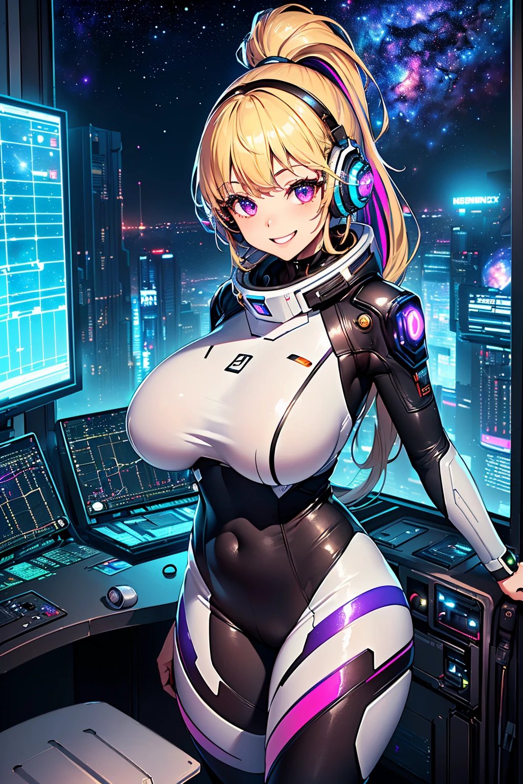 masterpiece:1.4, 1girl in ((20yr old, Dressed in a tight futuristic bodysuit in black and silver, long boots, huge-breasted, Multicolored blonde hair, twin ponytail, Perfect model body, Purple eyes:1.4, Wearing headphones, Flirting, Happy, Big smile, Looking out the window of the futuristic sci-fi space station、While admiring the beautiful galaxy:1.2, SFSF control room on night background:1.1, Neon and energetic atmosphere:1.2)) ((Galaxy)) ((Solo:1.6))