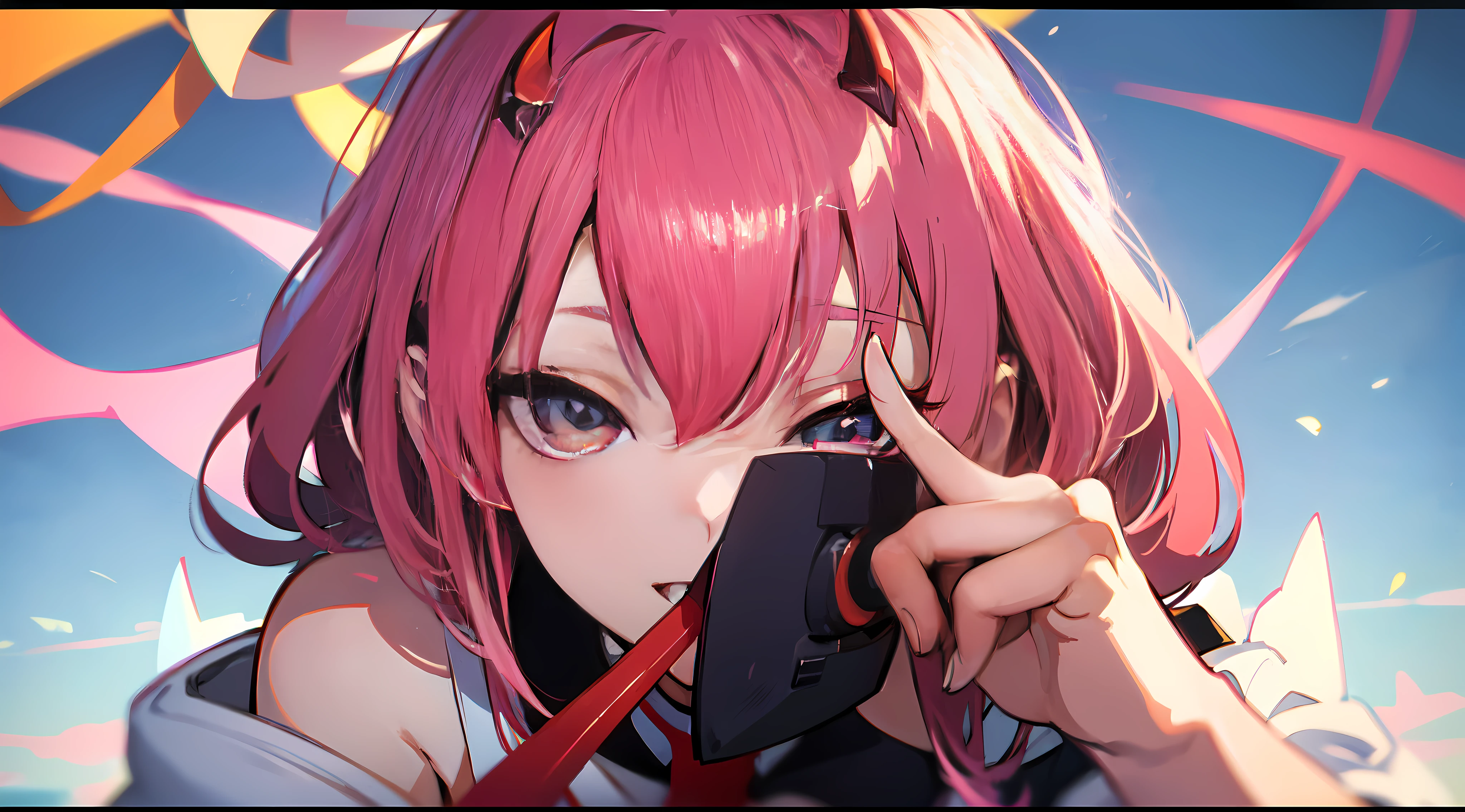 Anime girl with pink hair, anime Darling in the Franxx, Zero two, Udongein Inaba Vacation, Gapmoe Yander, Yandere, Mirai Nikki, with index finger in mouth, YouTube banner image, ( ( ( sexy girl ) ) ), 2D !.