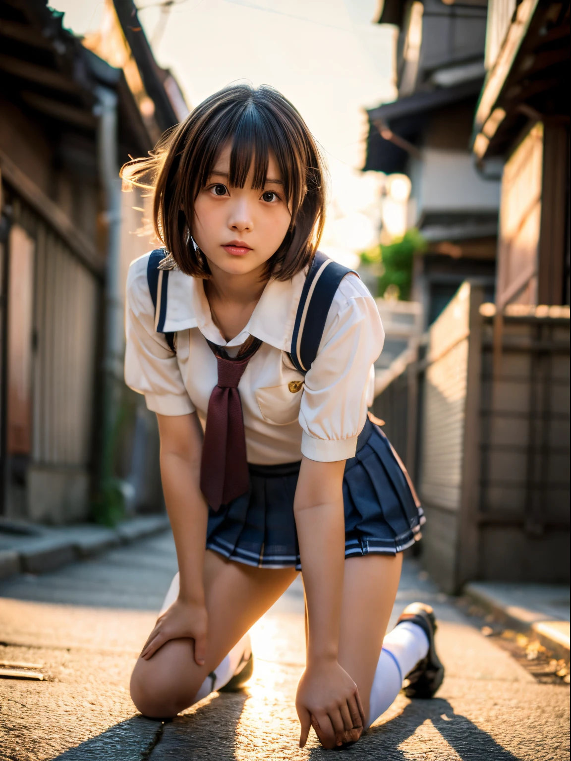 masterpiece, best quality, hyper detailed, alley, li, scrl, flushing, kneeling, short hair, brown hair, undone clothing, school uniform, underwear, japanese, kawaii, photorealistic, cowboy shot, golden hour, shy, desperate, serious look, running at full speed