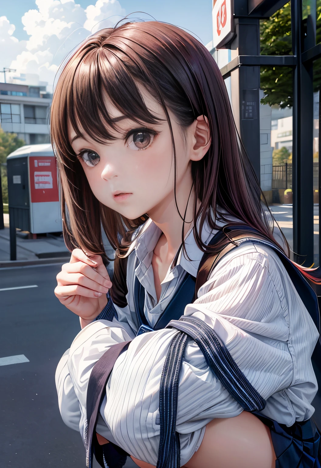 masterpiece、girl with、hi-school girl、School Uniforms、FULL ANATOMY、complete hands、complete fingers、lighting like a movie、Squatting、In front of the school gate、I can see panties、Panties with patterns、Wearing childish panties、Wear cotton panties、Smartphone with detailed design, Super Detail、Operating a smartphone、Holding the mobile phone in one hand、(Look at her phone screen:1.4)、(Her gaze is on the screen of her smartphone:1.4)、Shoot head-on、She focuses on smartphones、Don't look at the camera