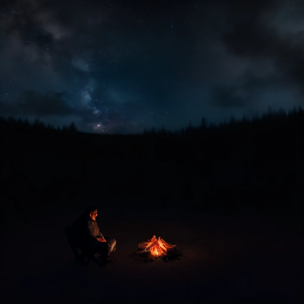 1man, 50 years old, in the woods, by a fire, native american, sitting with a big brown muscular bear, at night with stars in the sky