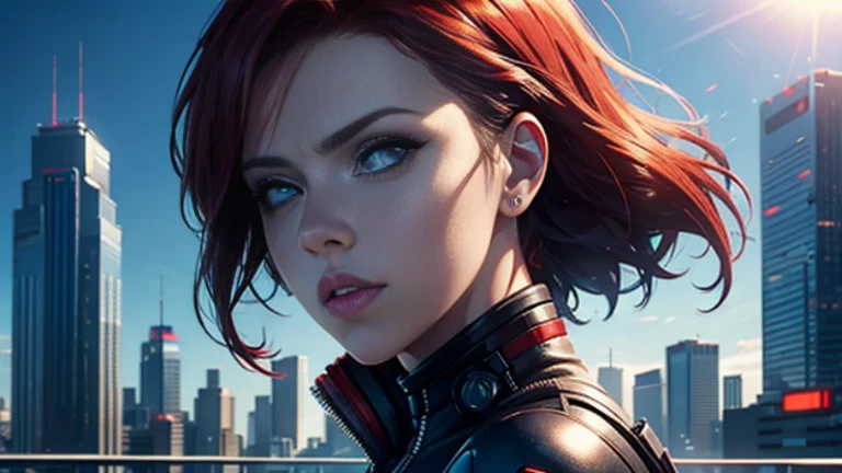 Outdoor, top of a building, background city skyline, daytime, blue sky. Cyberpunk Scarlett Johansson as Black Widow. Best quality, sunlight, backlit, flare. Happy, satisfied look.