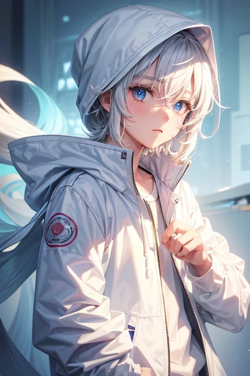 (a cute detailed anime style white-haired boy with a white hooded jacket) , (educational scene) , (best quality:1.2) , (vivid colors) , (soft lighting)