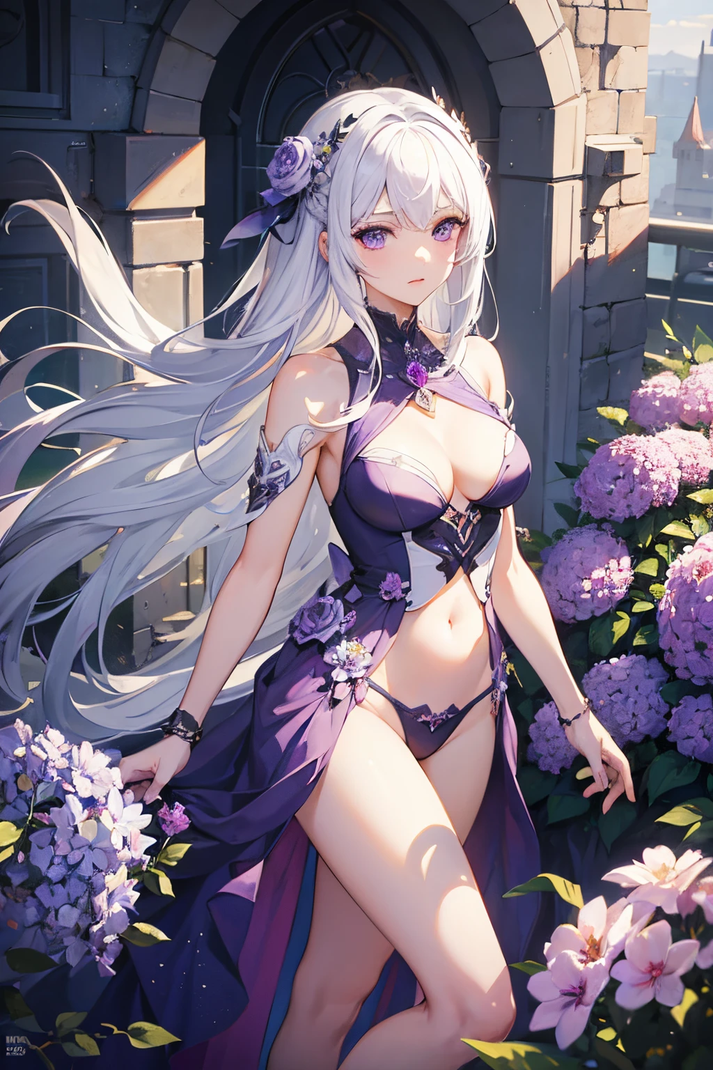 masterpiece, 1 girl, 20 years old, white hair, purple eyes, bright eyes, hyper-detailed characters and environment, perfect bodies, stylized, lavender flowers around, 4k, masterpiece