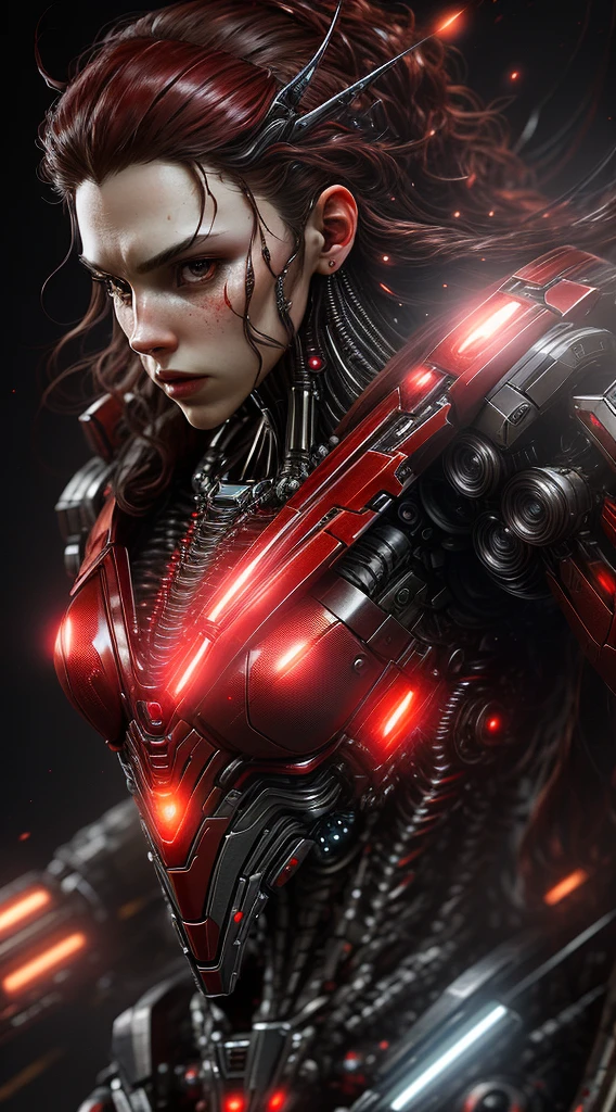 Scarlet Witch from Marvel photography, biomechanical, complex robot, full growth, hyper-realistic, insane small details, extremely clean lines, cyberpunk aesthetic, a masterpiece presented at Zbrush Central