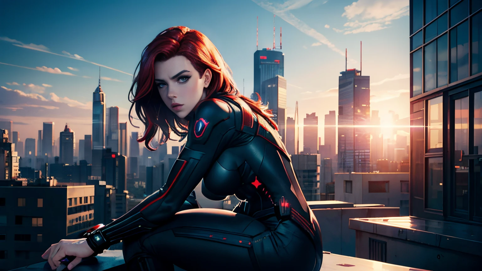 Outdoor, top of a building, background city skyline, daytime, blue sky. Cyberpunk Scarlett Johansson as Black Widow. Best quality, sunlight, backlit, flare. Happy, satisfied look.