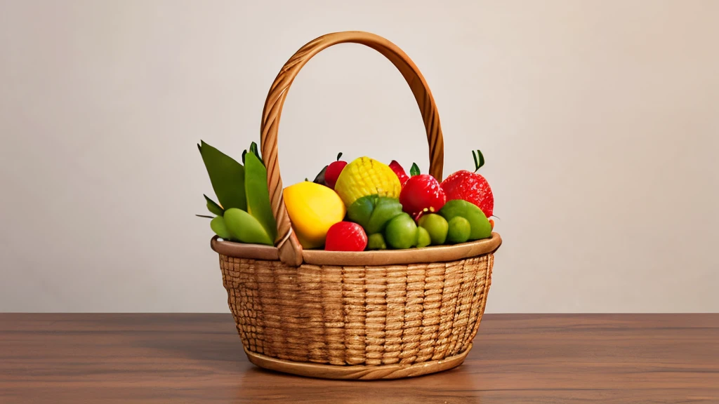 Illustrate basket with various fresh fruits, destacando as cores vibrantes das frutas. The image must have dimensions suitable for a high-quality animation in 16 format:9, with enough space around, create an image without deformation,