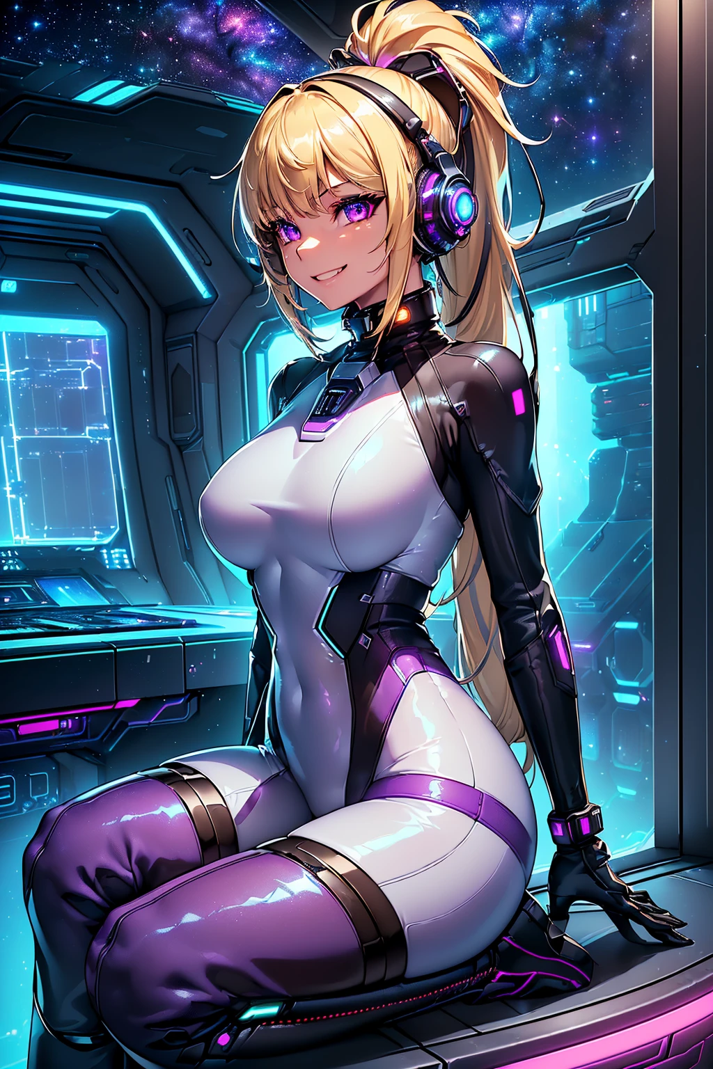 ​masterpiece:1.4, 1girl in ((20yr old, Dressed in a tight futuristic bodysuit in black and silver, long boots, huge-breasted, Multicolored blonde hair, twin ponytail, Perfect model body, Purple eyes:1.4, Wearing headphones, Flirting, Happy, Big smile, Looking out the window of the futuristic sci-fi space station、While admiring the beautiful galaxy:1.2, SFSF control room on night background:1.1, Neon and energetic atmosphere:1.2)) ((Galaxy)) ((Solo:1.6))