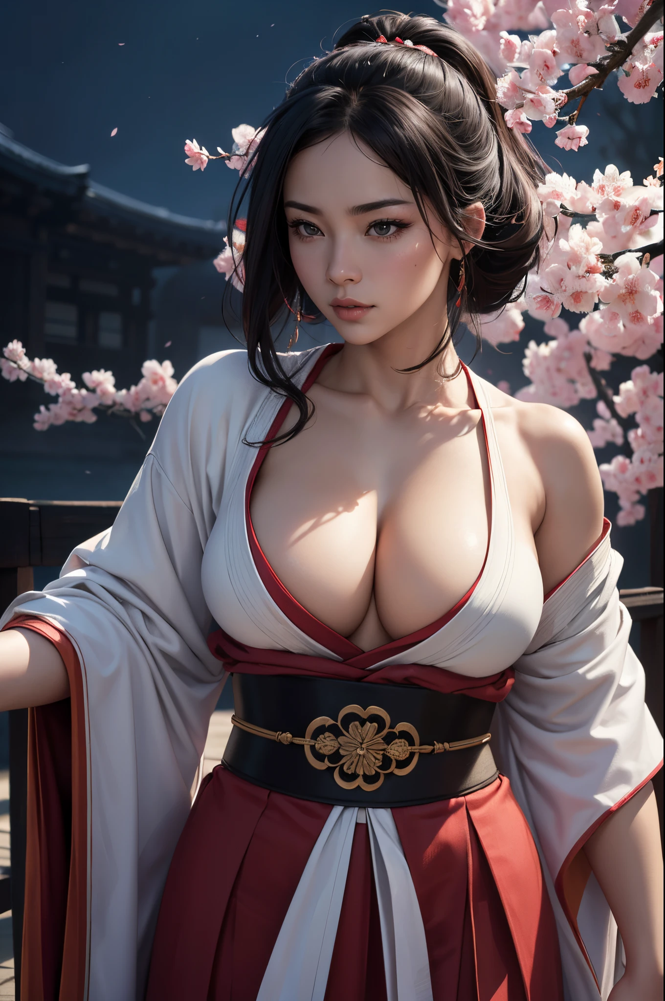 (best quality,4k,8k,highres,masterpiece:1.2),ultra-detailed,(realistic,photorealistic,photo-realistic:1.37),Asian female samurai warrior, sexy, cleavage, sakura, traditional kimono, katana, intense gaze, flowing black hair, martial arts prowess, cherry blossom petals, moonlit night, dramatic lighting, vibrant colors, samurai sword, warrior, sexy, naughty