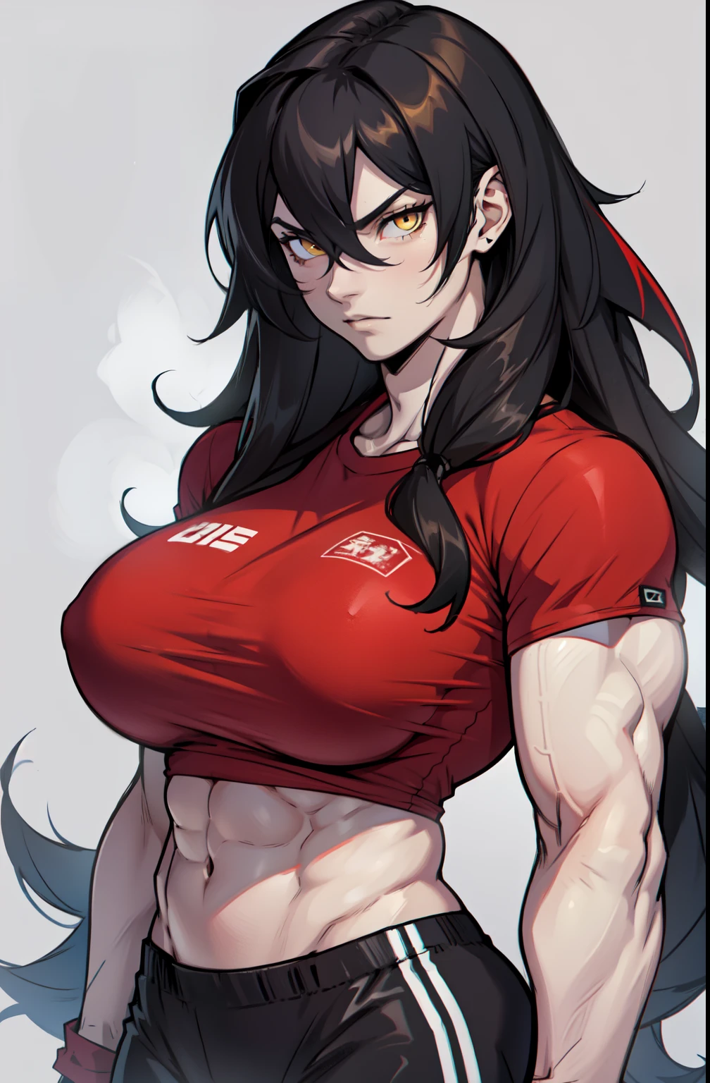 ((1 girl)), extremely long hair, solo, ((muscular)), veins, black hair, yellow eyes, pale skin, strong, veins, abs, (huge breasts), sulking tight red shirt hair between eyes