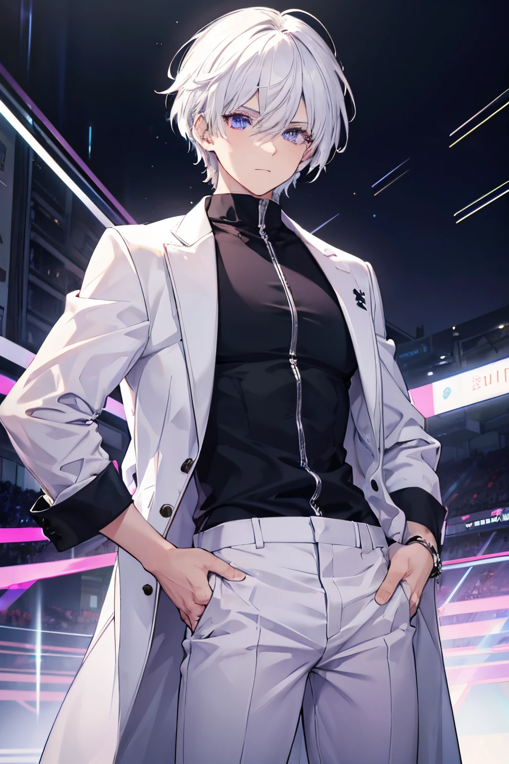 boy with white hair, purple beautiful eyes, large pants white, sportive black shirt