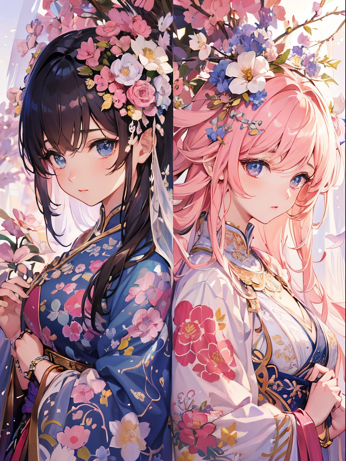 A masterpiece, the highest quality, high resolution, a beautiful girl with a blue image and a beautiful girl with a pink image facing each other, intricately patterned costumes, delicate and detailed writing.