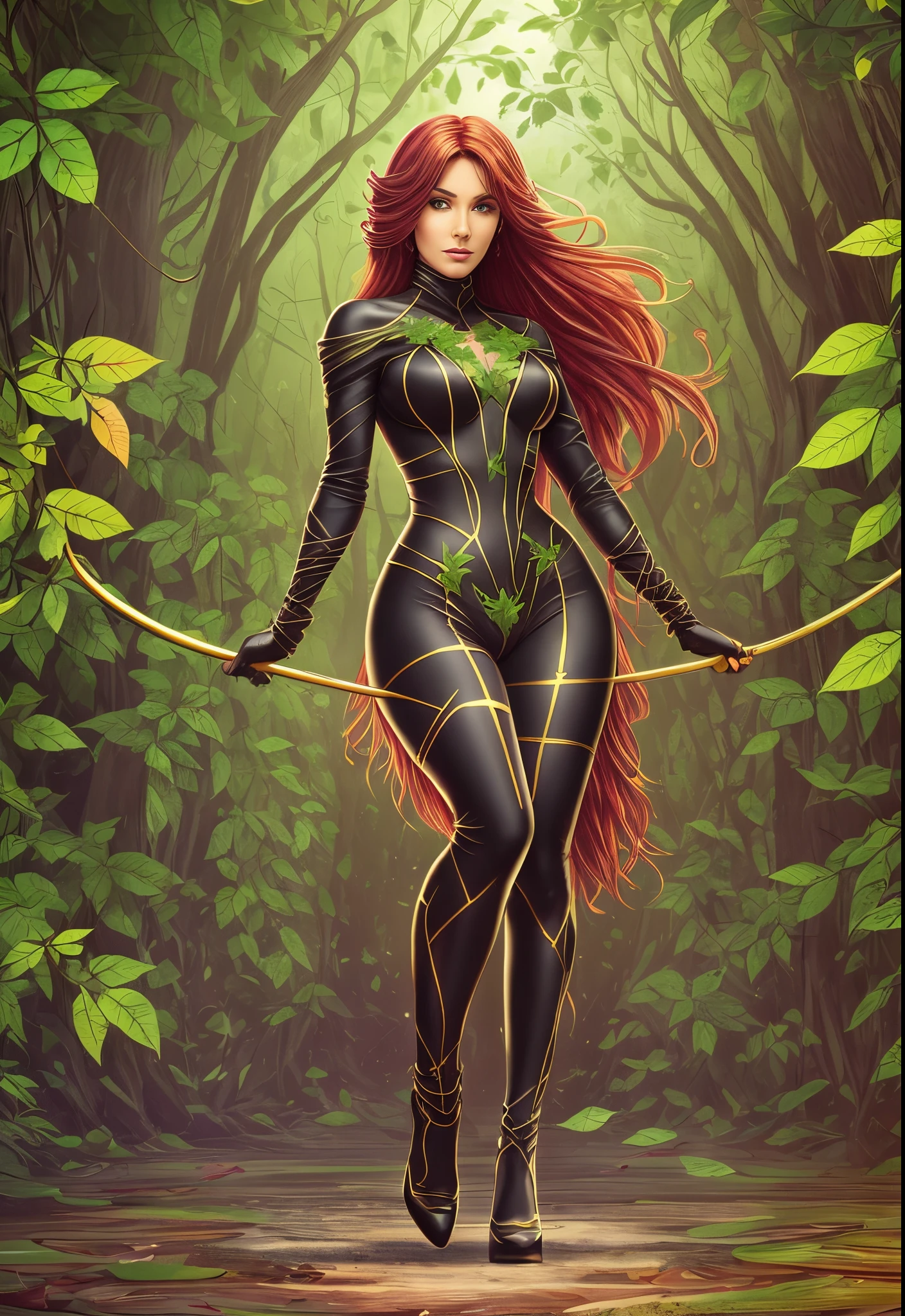 a stunningly beautiful Poison Ivy, full body, realistic, mix of bold dark lines and loose lines, bold lines, turn around character, slim body, red floating hair, bangs, Full body, dark theme, Perfect composition golden ratio, masterpiece, best quality, 4k, sharp focus. Better hand, perfect anatomy. by With Design In Mind --auto --s2