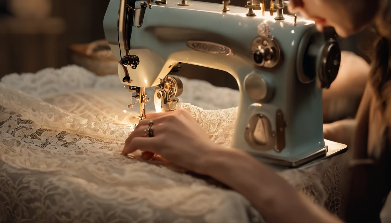 A woman in her sewing workshop designing a white dress with sequins