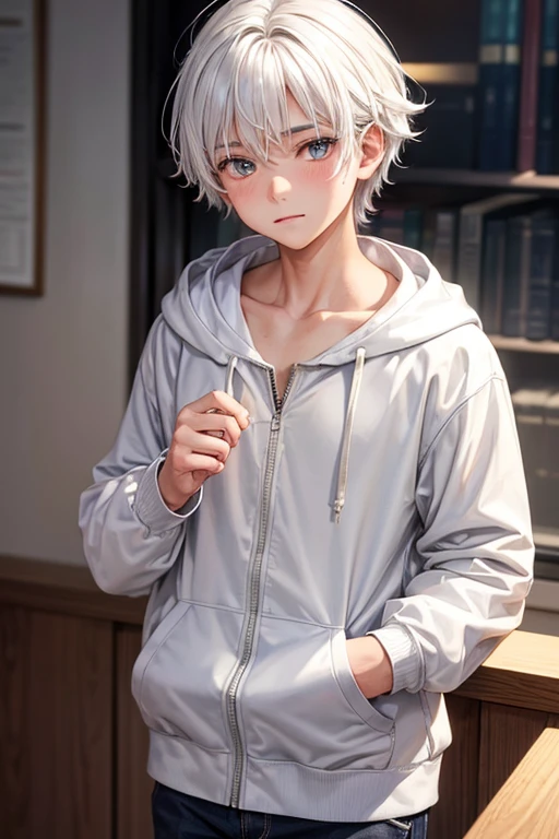 (a beautiful, detailed -yeld boith white hair and a white hoodie jacket), (educational scene), (best quality:1.2), (vivid colors), (soft lighting)