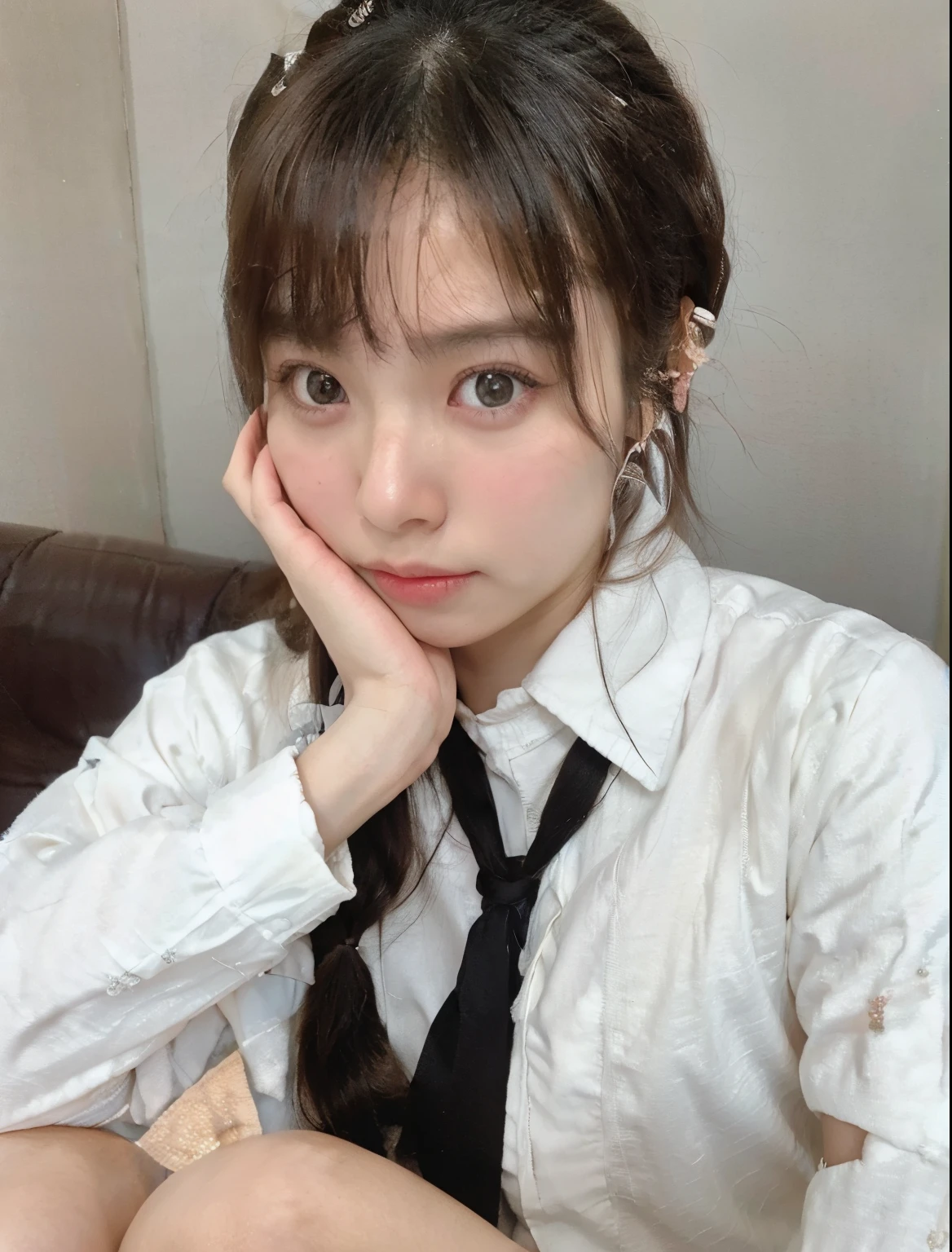 there is a woman sitting on a couch with her hand on her chin, ulzzang, sakimichan, shikamimi, chiho, with cute - fine - face, 奈良美智, korean girl, girl cute-fine-face, beautiful japanese girls face, 🤤 girl portrait