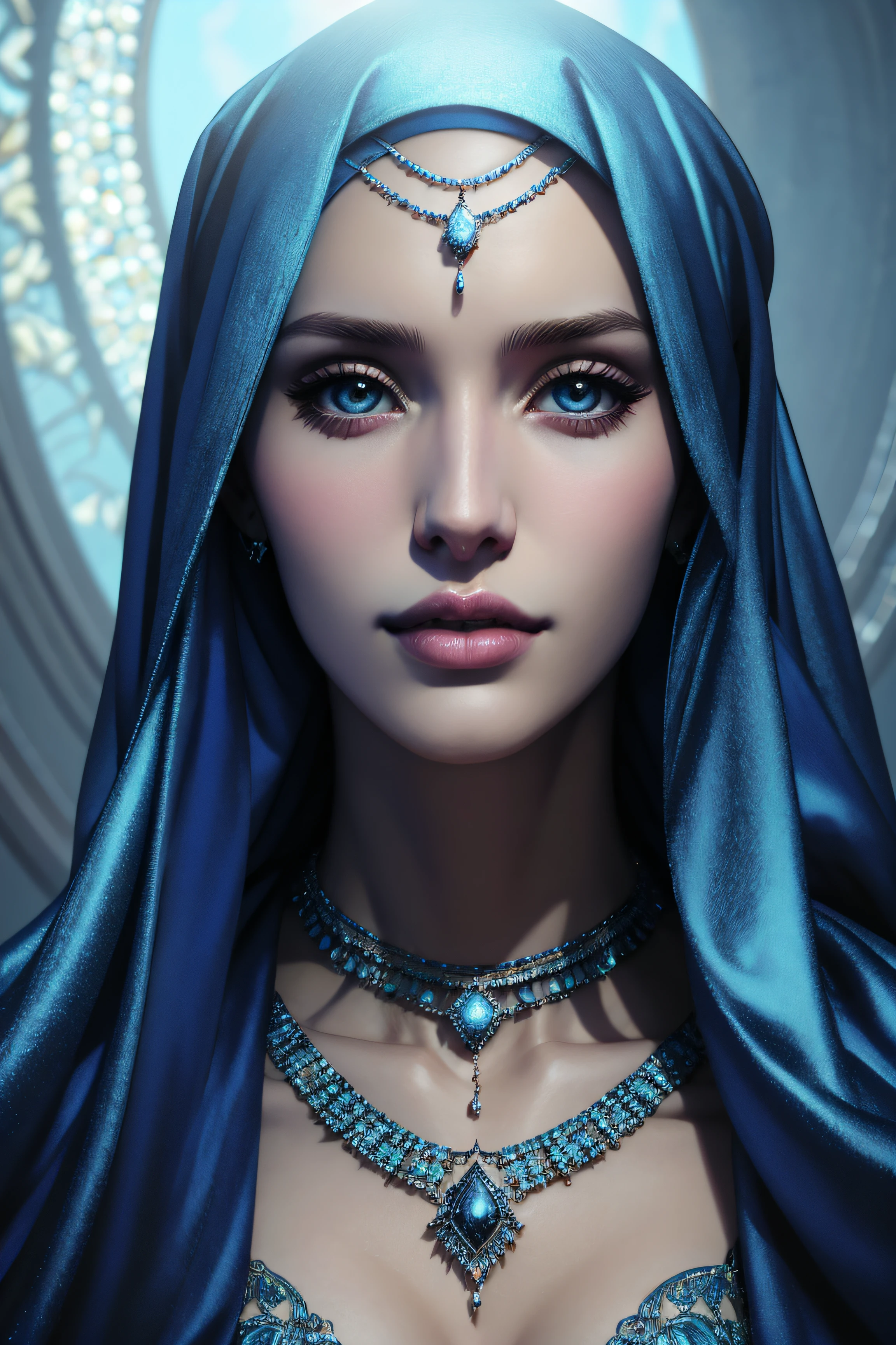 Bella Thorne, wearing a hijab made of blue with jewelry and diamonds , character portrait, 4 9 9 0 s, short hair, intricate, elegant, highly detailed, digital painting, artstation, concept art, smooth, sharp focus, illustration, art by wlop, charlie bowater and alexandra fomina