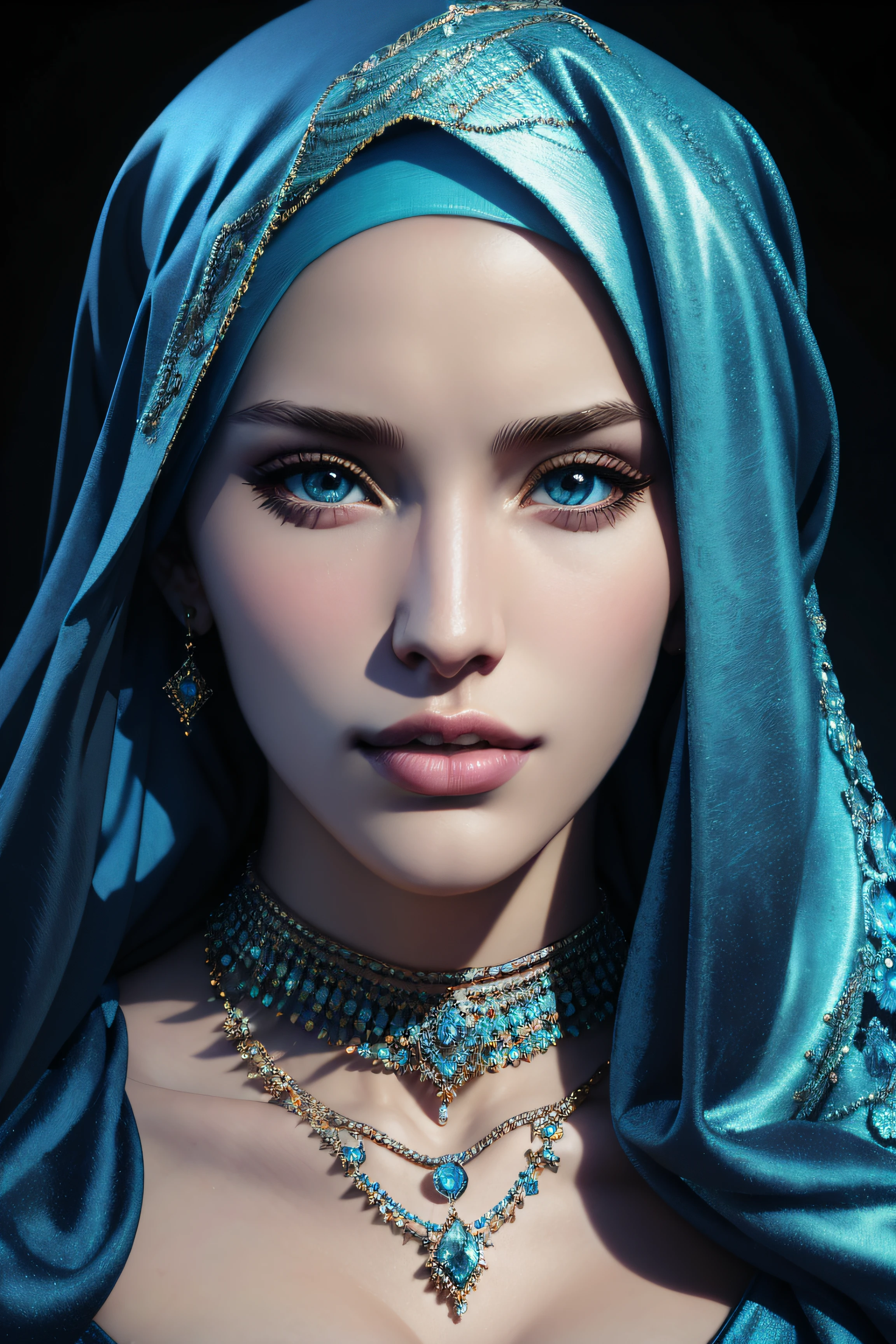 Bella Thorne, wearing a hijab made of blue with jewelry and diamonds , character portrait, 4 9 9 0 s, short hair, intricate, elegant, highly detailed, digital painting, artstation, concept art, smooth, sharp focus, illustration, art by wlop, charlie bowater and alexandra fomina