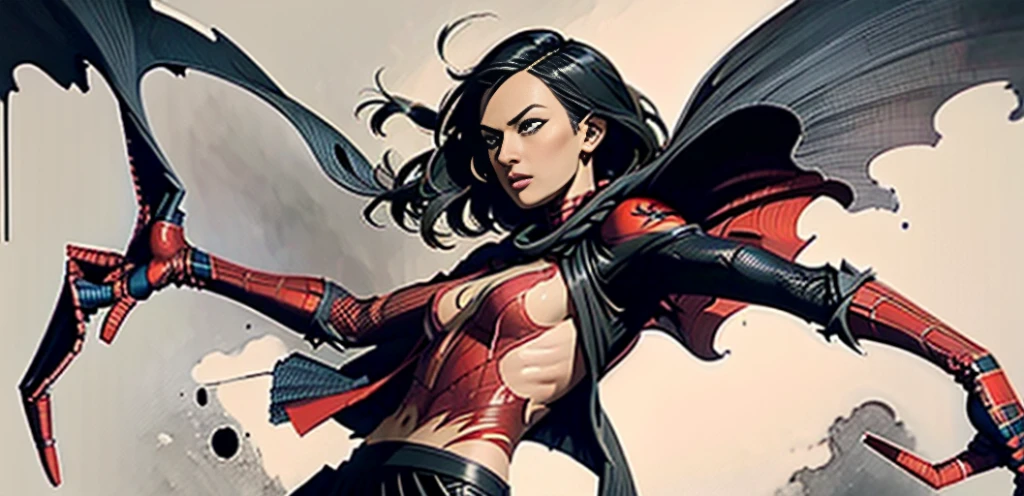 Sticking out the navel、newyork、She wears a torn Spider-Man suit,wearing skirt、 Red and black color scheme,Dynamic、masterpiece、top-quality、ultra-detailliert、ighly detailed、beautiful detailed brilliance、超A high resolution