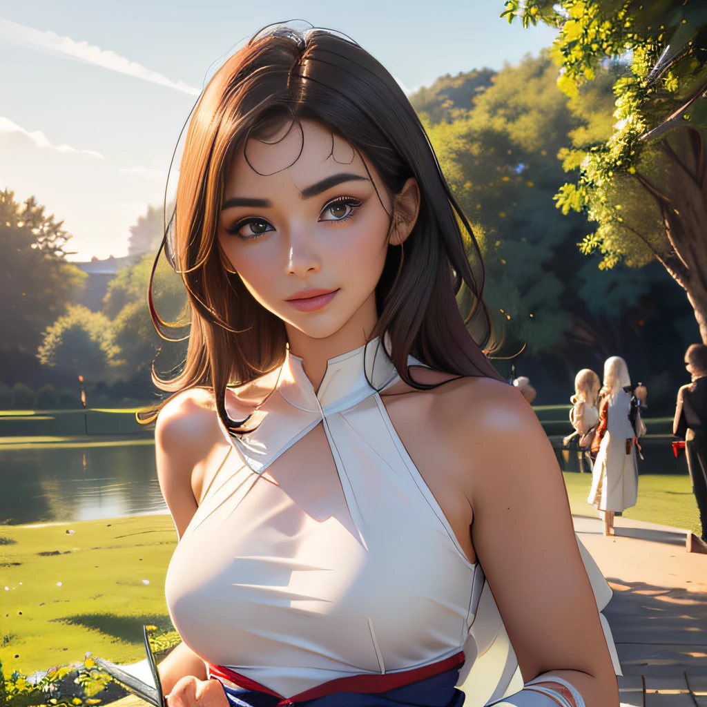 sfw, (Extremely detailed 8k wallpaper:2), (photo:2), (soigne Beautiful girl:2), (gives a lecture to friends:2), detailed (Face and eyes), (hyper realistic:1), (highly detailed:1), (epic realistic:1), rim light, (maximum details:1), cozy, (fullbody:1.3), (looking at viewer:2), (Woman's Attractive Qualities:2), (Attractive Woman:2), (Attractive:2), Smile, Intelligence, Empathy, Gracefulness, Sense of Style, Fitness, Grooming, Optimism, (Sensitivity:2), Sincerity, Romantic Gestures, Playfulness, Fashion Sense, (Sensuality:2), Charm, Modesty, Thoughtfulness, (Femininity:1), Flirtatiousness, Warmth, (Physical attractiveness:2), A beautiful smile, A love of life, strength and power, vulnerability, curiosity, wonder, love, (nature background:2), kawaii, waifu, Beautiful breasts, (attractive body:2), (Beautiful body:2), Beautiful pose, attractive pose, (Beautiful legs:1.0), (spread legs:1.0), (Beautiful clothes:1), (classic clothes:2), (elegant clothes:2), (European clothes:2), detailed clothes, (skirt:1), (blouse:1), (provocative pose)
