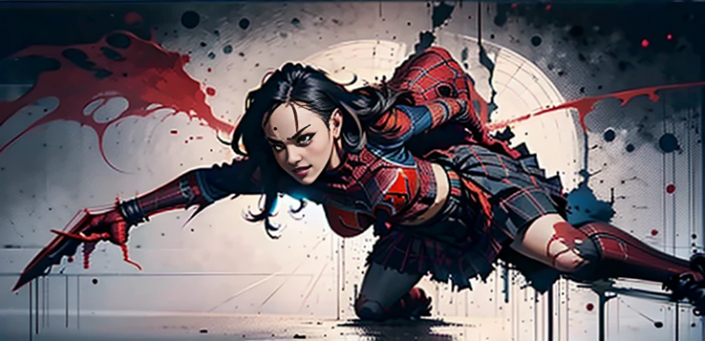 Sticking out the navel、newyork、She wears a torn Spider-Man suit,wearing skirt、 Red and black color scheme,Dynamic、​masterpiece、top-quality、ultra-detailliert、ighly detailed、beautiful detailed brilliance、超A high resolution