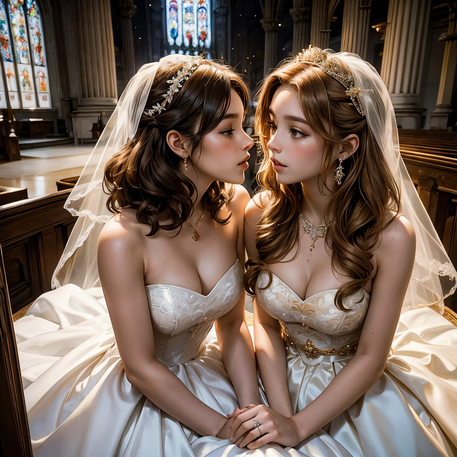 2 Gorgeous teens getting married, they are both wearing gorgeous white and gold and baby ball/ wedding gown, strapless shoulders, beautiful brown and golden hair that’s slightly curly, 2 girls and no men, kissing eachother, in a church getting married,