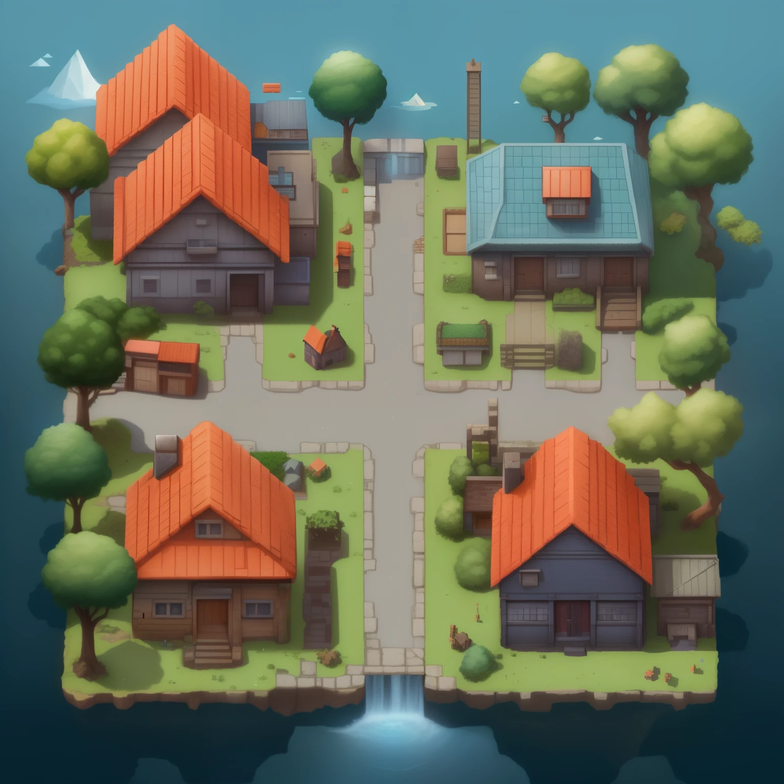a close-up of a small town with a waterfall and trees, isometric 2 d game art, Cidade Cottage, pequenos assentamentos, isometric game art, Cidade de pescadores, pequena aldeia, arte detalhada do jogo, arte estilizada do jogo, isometric map, small port village, isometric game asset, Ativo do jogo, Ativo de jogo 2D, Small buildings, Ativo de videogame