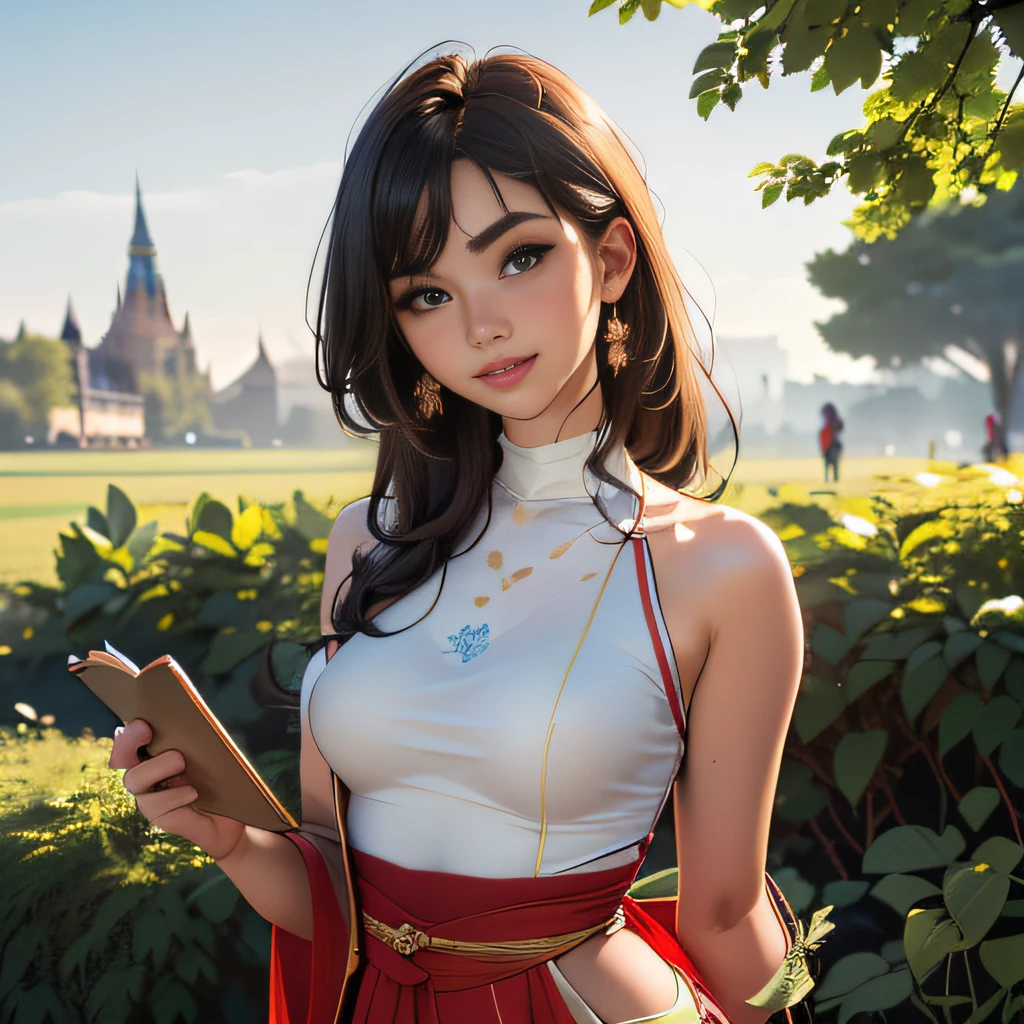 sfw, (Extremely detailed 8k wallpaper:2), (photo:2), (soigne Beautiful girl:2), (gives a lecture to friends:2), detailed (Face and eyes), (hyper realistic:1), (highly detailed:1), (epic realistic:1), rim light, (maximum details:1), cozy, (fullbody:1.3), (looking at viewer:2), (Woman's Attractive Qualities:2), (Attractive Woman:2), (Attractive:2), Smile, Intelligence, Empathy, Gracefulness, Sense of Style, Fitness, Grooming, Optimism, (Sensitivity:2), Sincerity, Romantic Gestures, Playfulness, Fashion Sense, (Sensuality:2), Charm, Modesty, Thoughtfulness, (Femininity:1), Flirtatiousness, Warmth, (Physical attractiveness:2), A beautiful smile, A love of life, strength and power, vulnerability, curiosity, wonder, love, (nature background:2), kawaii, waifu, Beautiful breasts, (attractive body:2), (Beautiful body:2), Beautiful pose, attractive pose, (Beautiful legs:1.0), (spread legs:1.0), (Beautiful clothes:1), (classic clothes:2), (elegant clothes:2), (European clothes:2), detailed clothes, (skirt:1), (blouse:1), (provocative pose)