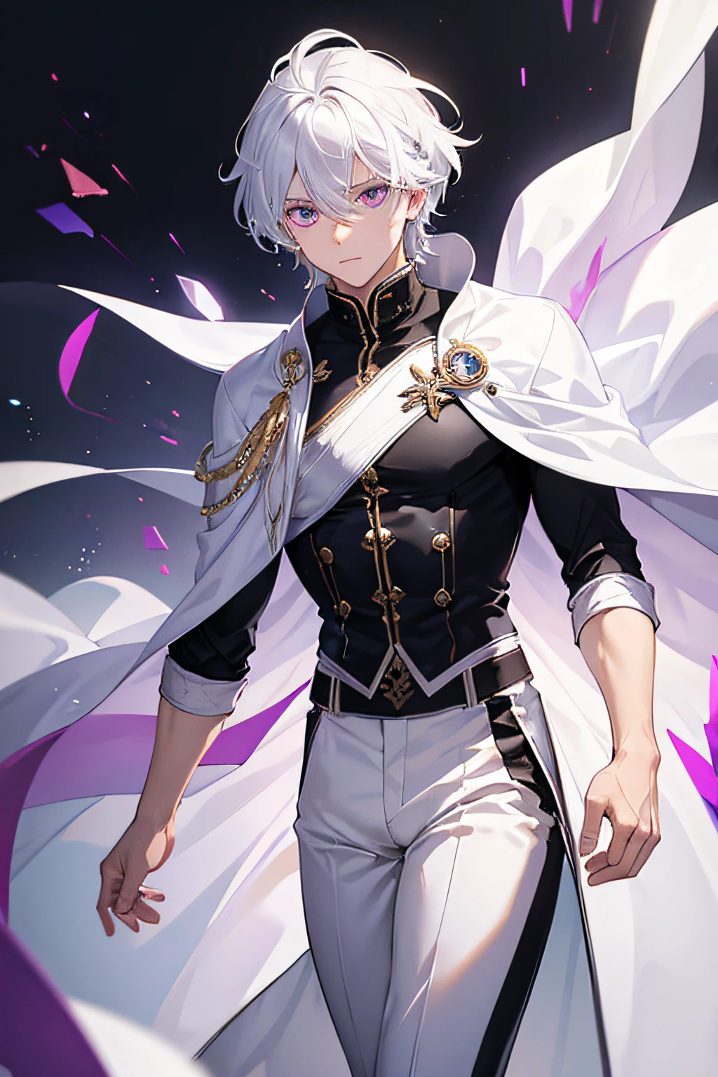 boy with white hair, purple beautiful eyes, large pants white, sportive black shirt, white cape with black details
