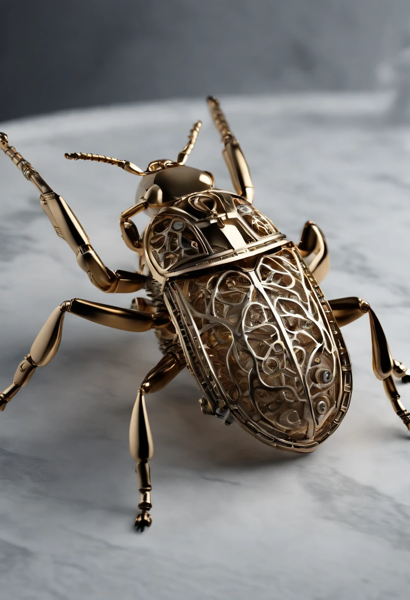 Visualize a mesmerizing and highly detailed mechanical bug, a masterpiece of intricate design. Zoom in on micro-details, capturing the precision of each gear, the delicacy of articulated limbs, and the complexity of its internal machinery.

Highlight the exquisite craftsmanship in the bug's metallic exoskeleton, showcasing intricate patterns and textures that add depth and visual interest. Emphasize the precision of its movements, whether it's the subtle flexing of joints or the intricate coordination of its mechanical wings.

Consider the lighting, allowing it to play a crucial role in accentuating the micro-details. Use shadows and highlights to bring out the depth and complexity of the mechanical bug's design, creating a visually captivating interplay of light and shadow.

Imagine the bug in a context – perhaps it's perched on a detailed surface, crawling through a futuristic environment, or posed in a lifelike manner. Integrate elements that complement the mechanical bug's intricate nature and enhance its overall visual appeal.

This detailed prompt aims to inspire the creation of a highly detailed and incredibly intricate mechanical bug, focusing on micro-details to bring out the complexity and craftsmanship of its design.