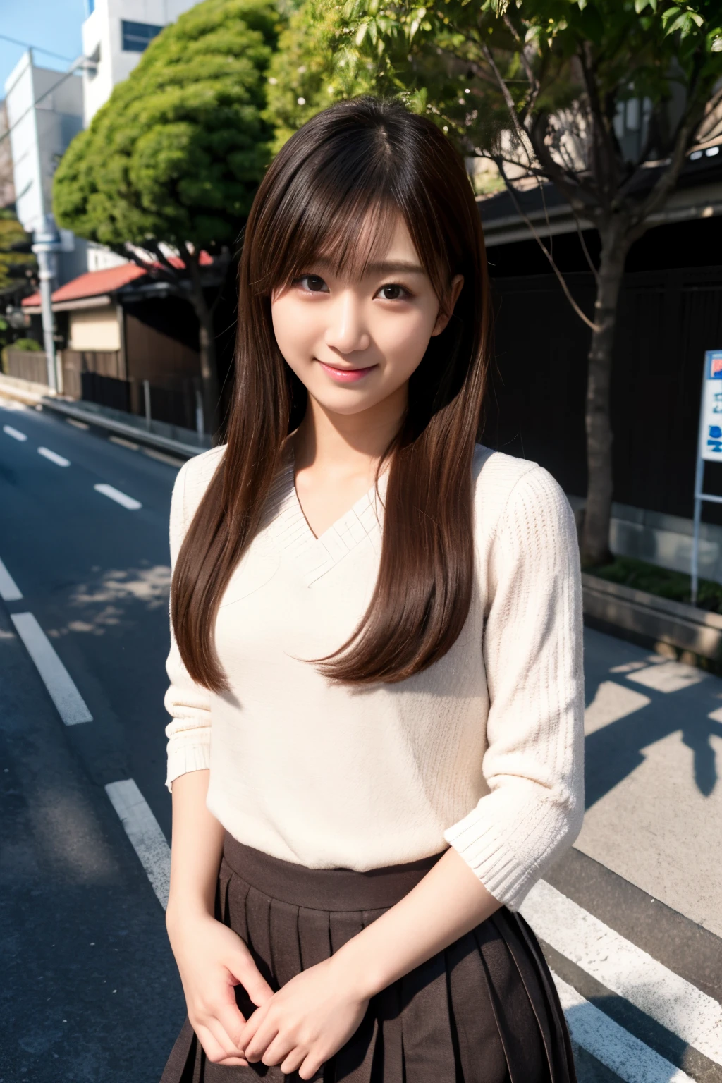 (Realistic:1.3), Finely detailed, quality, Rembrandt lighting, (masutepiece:1.2), (Photorealistic:1.2), (Best Quality), (Detailed skin:1.3), (Intricate details), Dramatic, Ray tracing, 1girl in, japanaese girl, 21 years old, Detailed skin texture, (blush:0.5), (Goosebumps:0.5), Subsurface scattering, Smiling, Small breasts, Long hair, Bangs, hair between eye, gals, serafuku, Pleated skirt, portrait shot, (Outdoors, tokyo prefecture, Street, bright sunny day),