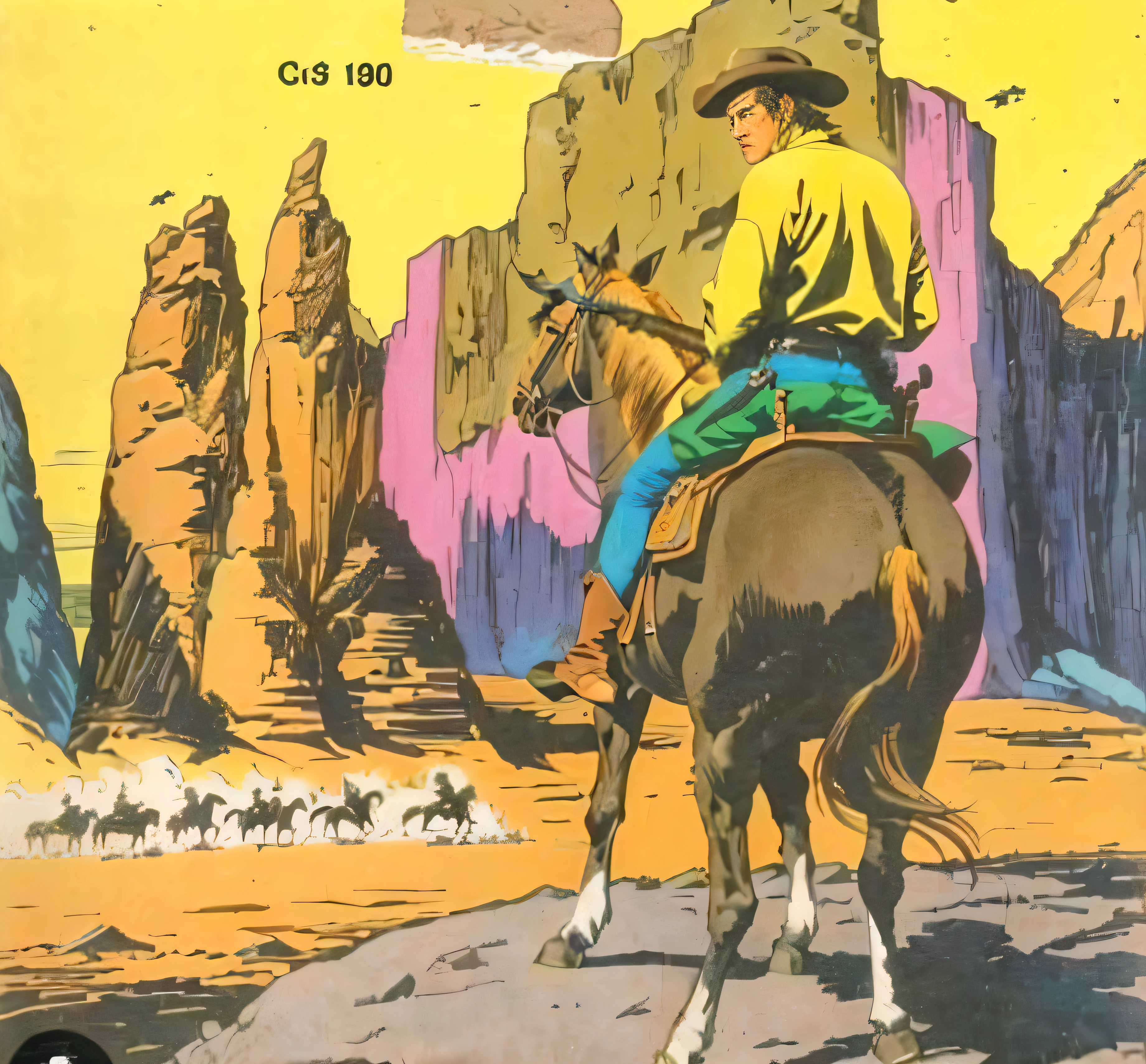 um close up de uma capa de quadrinhos com um cowboy em um cavalo, Giraud, quadrinhos ocidentais, Jean Giraud 8 K, Giraud!, manga 1980, quadrinhos ocidentais inspirados, arte ocidental dos quadrinhos, Sou um Jean Giraud, Estilo Jean Giraud, Giraud!!, arte em quadrinhos ocidental, cevagraf quadrinhos, manga 1990