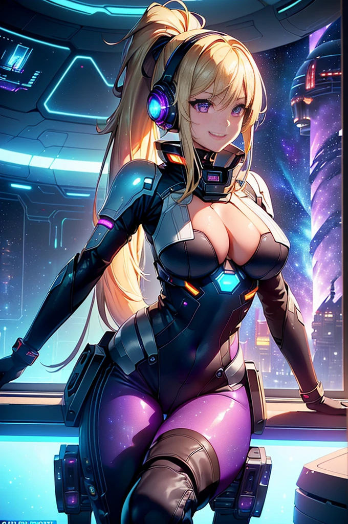 ​masterpiece:1.4, 1girl in ((20yr old, Dressed in a tight futuristic bodysuit in black and silver, long boots, huge-breasted, Multicolored blonde hair, twin ponytail, Perfect model body, Purple eyes:1.4, Wearing headphones, Flirting, Happy, Big smile, Looking out the window of the futuristic sci-fi space station、While admiring the beautiful galaxy:1.2, SFSF control room on night background:1.1, Neon and energetic atmosphere:1.2)) ((Galaxy)) ((Solo:1.6))