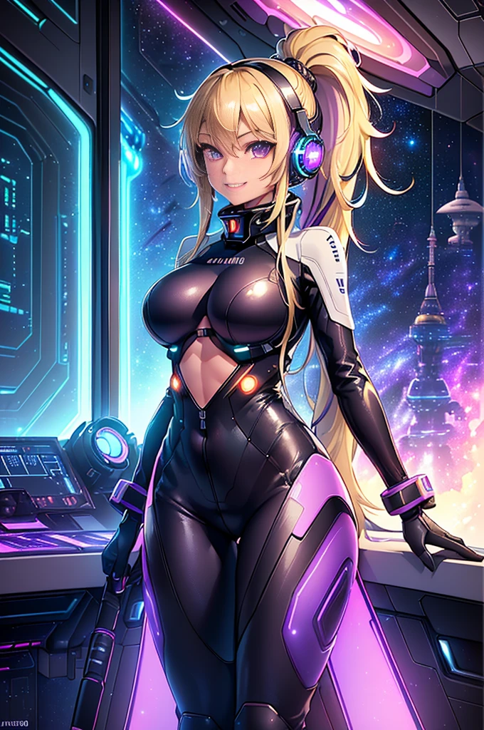 masterpiece:1.4, 1girl in ((20yr old, Dressed in a tight futuristic bodysuit in black and silver, long boots, huge-breasted, Multicolored blonde hair, twin ponytail, Perfect model body, Purple eyes:1.4, Wearing headphones, Flirting, Happy, Big smile, Looking out the window of the futuristic sci-fi space station、While admiring the beautiful galaxy:1.2, SFSF control room on night background:1.1, Neon and energetic atmosphere:1.2)) ((Galaxy)) ((Solo:1.6))