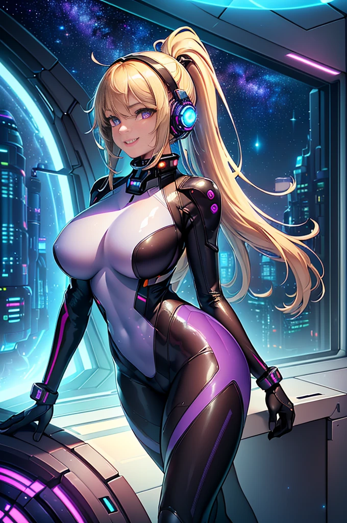 ​masterpiece:1.4, 1girl in ((20yr old, Dressed in a tight futuristic bodysuit in black and silver, long boots, huge-breasted, Multicolored blonde hair, twin ponytail, Perfect model body, Purple eyes:1.4, Wearing headphones, Flirting, Happy, Big smile, Looking out the window of the futuristic sci-fi space station、While admiring the beautiful galaxy:1.2, SFSF control room on night background:1.1, Neon and energetic atmosphere:1.2)) ((Galaxy)) ((Solo:1.6))