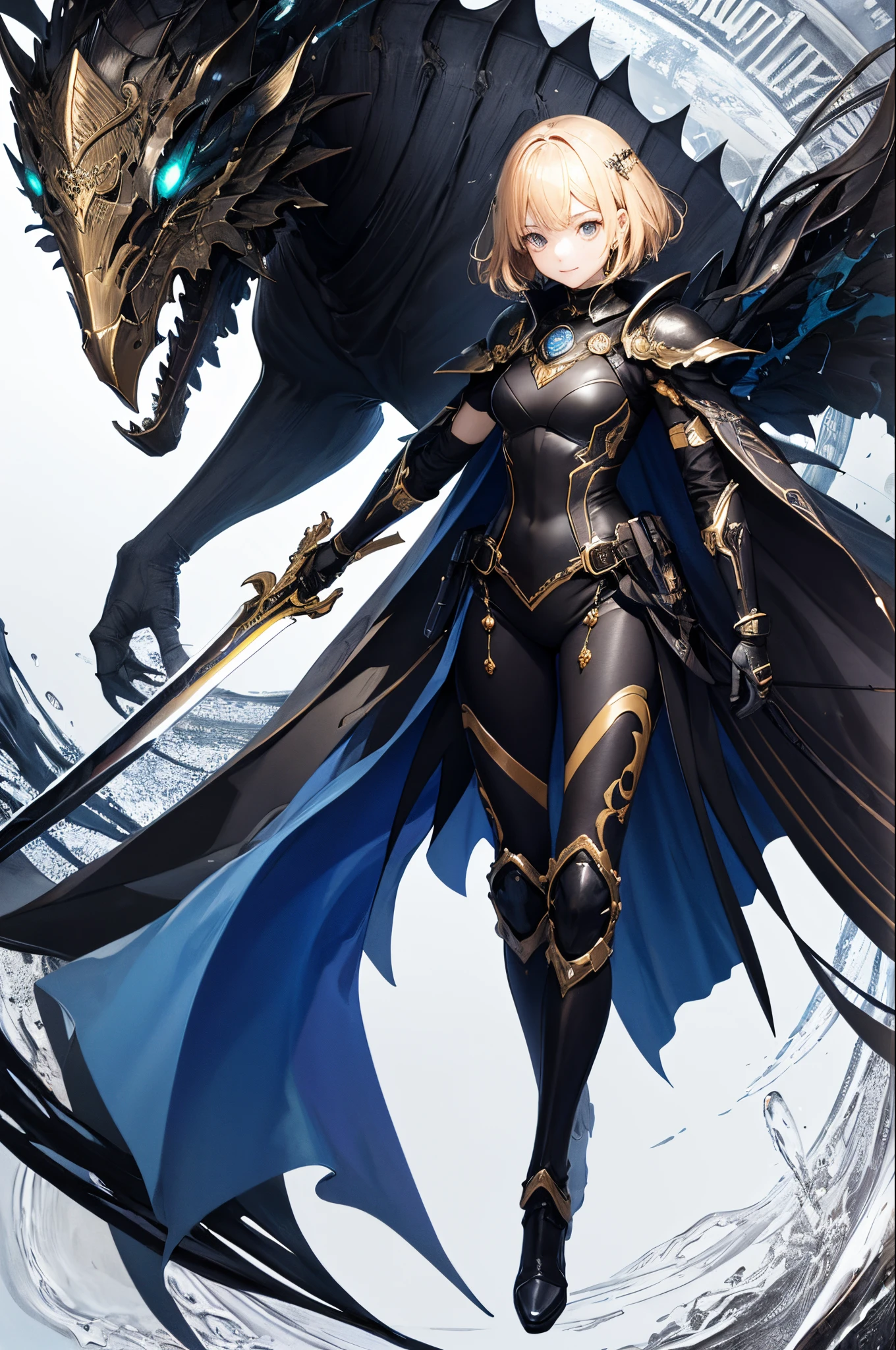 top-quality、Top image quality、masterpiece、超A high resolution、android beautiful girl、sixteen years old, Cybersuit glowing black, The source of the red energy in the chest、Yellow head hair、short-haired,Blue eyes、A slender、Gentle smile、The face is depicted in detail、The eyes are very detailed、The clothes are also depicted in detail、hiquality、Beautiful Art、Fantastic Universe、Elaborate design、more background、Fight with a great sword、Soio、Knights、animesque、illustratio、Full body front