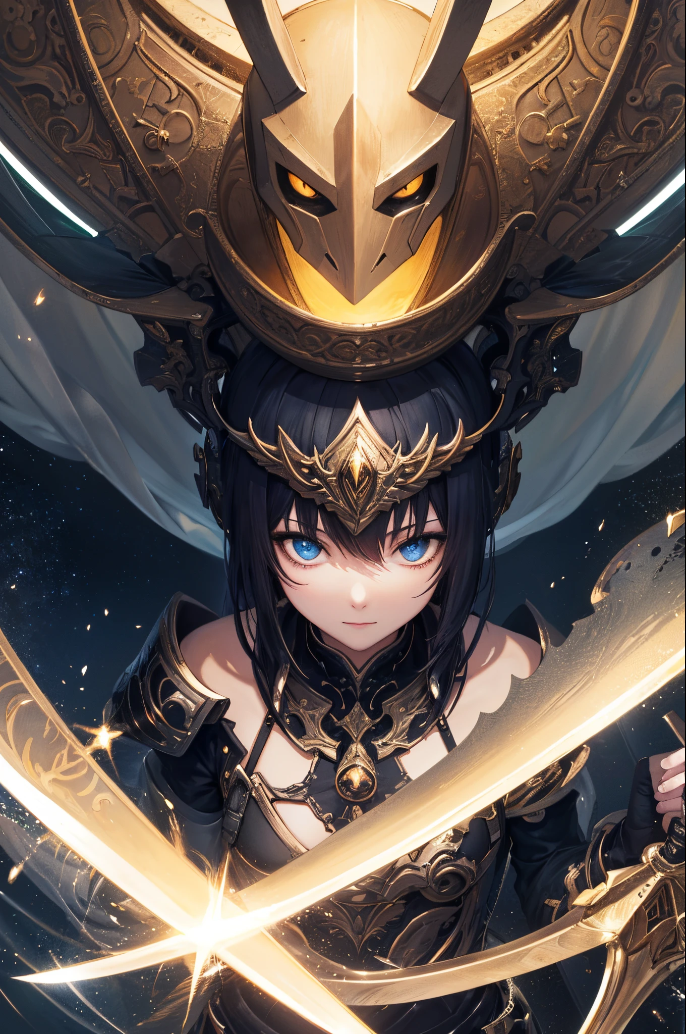 top-quality、Top image quality、​masterpiece、超A high resolution、android beautiful girl、sixteen years old, Cybersuit glowing black, The source of the red energy in the chest、Yellow head hair、short-haired,Blue eyes、A slender、Gentle smile、The face is depicted in detail、The eyes are very detailed、The clothes are also depicted in detail、hiquality、Beautiful Art、Fantastic Universe、Elaborate design、more background、Fight with a great sword、Soio、Knights、animesque、illustratio、Full body front