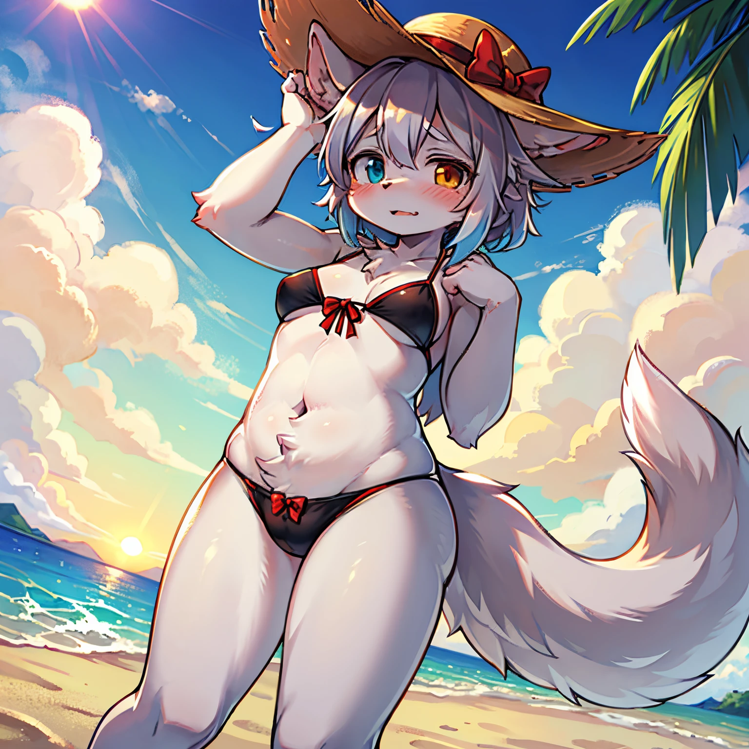 Ridiculous resolution, high-res, (masterpiece: 1.4), woman, solo, kemono, beach, Silver wolf, Silver floof tail, (one tail), silver medium ears, red bow straw hat, Heterochromia(One eye is red, one eye is blue), black bikini, flat chest, Embarrassed, (Embarrassed pose), Sun horizon, Turn towards the sun, orange sky light, Standing on the beach near the water,