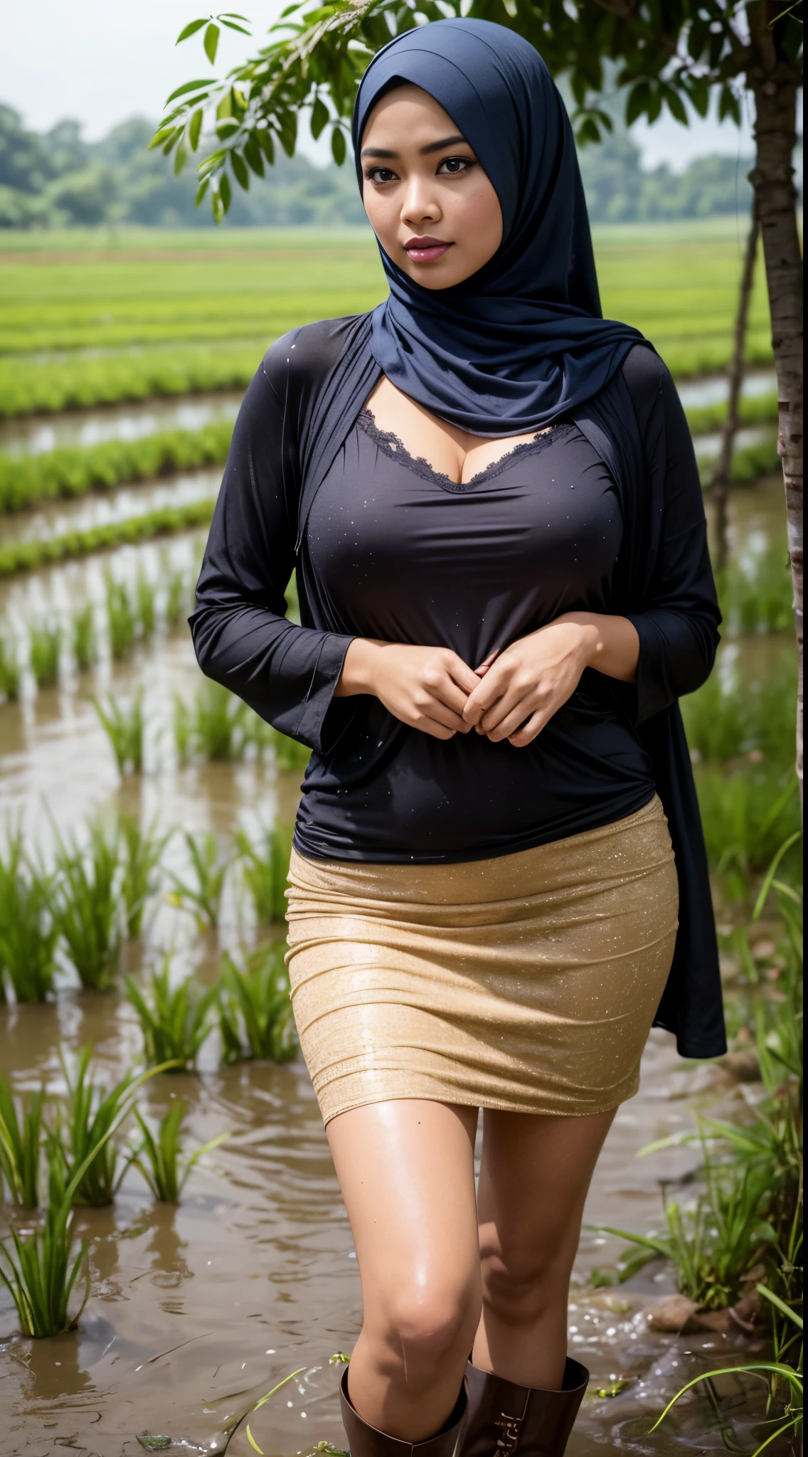 RAW, Best quality, high resolution, masterpiece: 1.3), beautiful Malay woman in hijab (iu:0.8),cleavage, RAW, Best quality, high resolution, Masterpiece: 1.3, Beautiful  hijabi malay girl, Masterpiece, Soft smile,Beautiful Malay women wear hijab in rice paddy, bright sunshine, ankle length dress, shawl, long sleeved shirt, bright clothing, dark skin, highres,4k,HDR,1girl, photorealistic, realistic,sweat skin, thin face, big breast, perfeck make up, big eyes, glossy lips, soft smile, thick sexy body, cleavage, portrait, cinematic, realistic, photo, standing in a rice field, dirt on clothes, mud on boots, raining heavily, wet body, raining heavily,