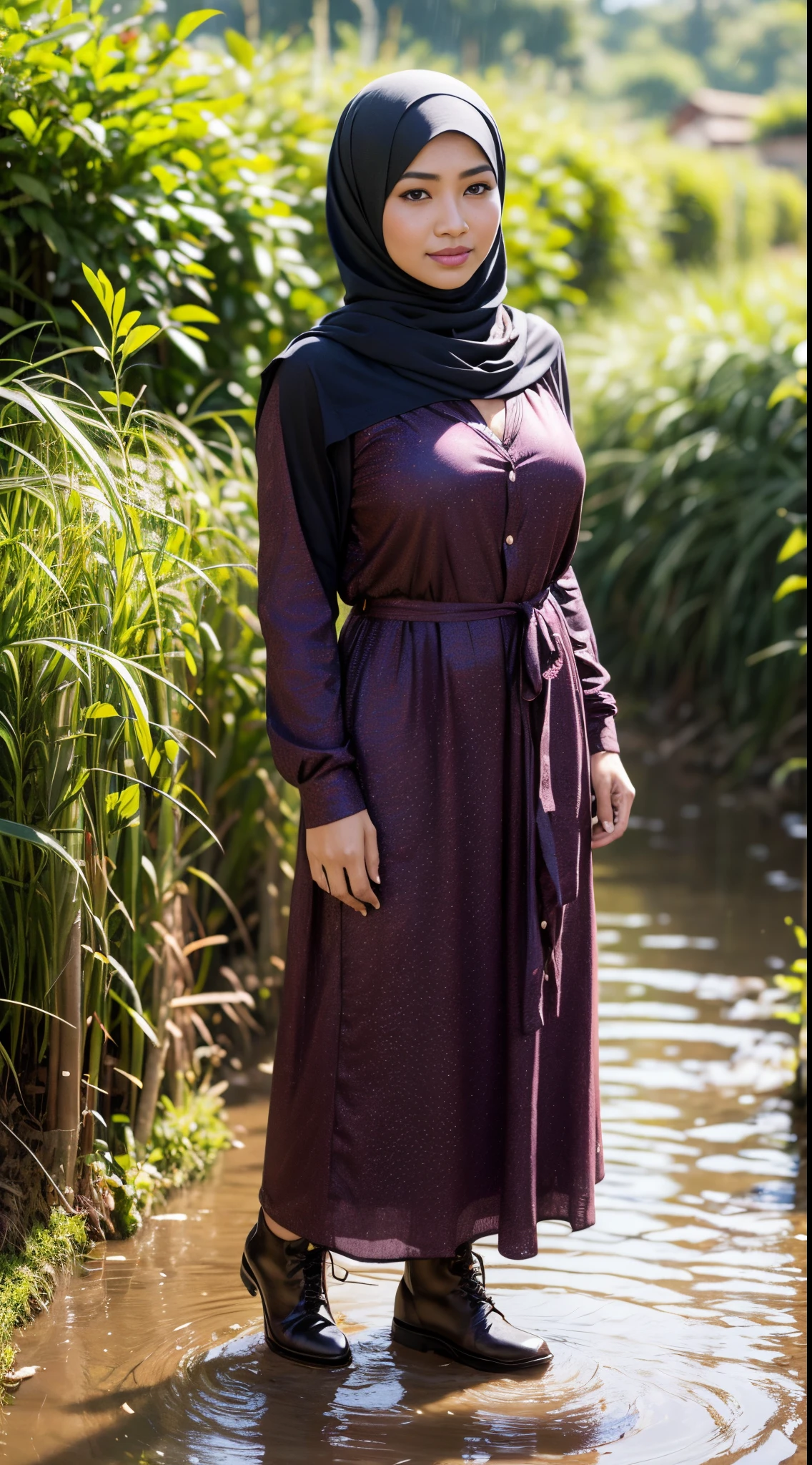 A beautiful Asian girl in a long hijab with tight and clearly visible breasts, With dark colored clothes, and good quality images 