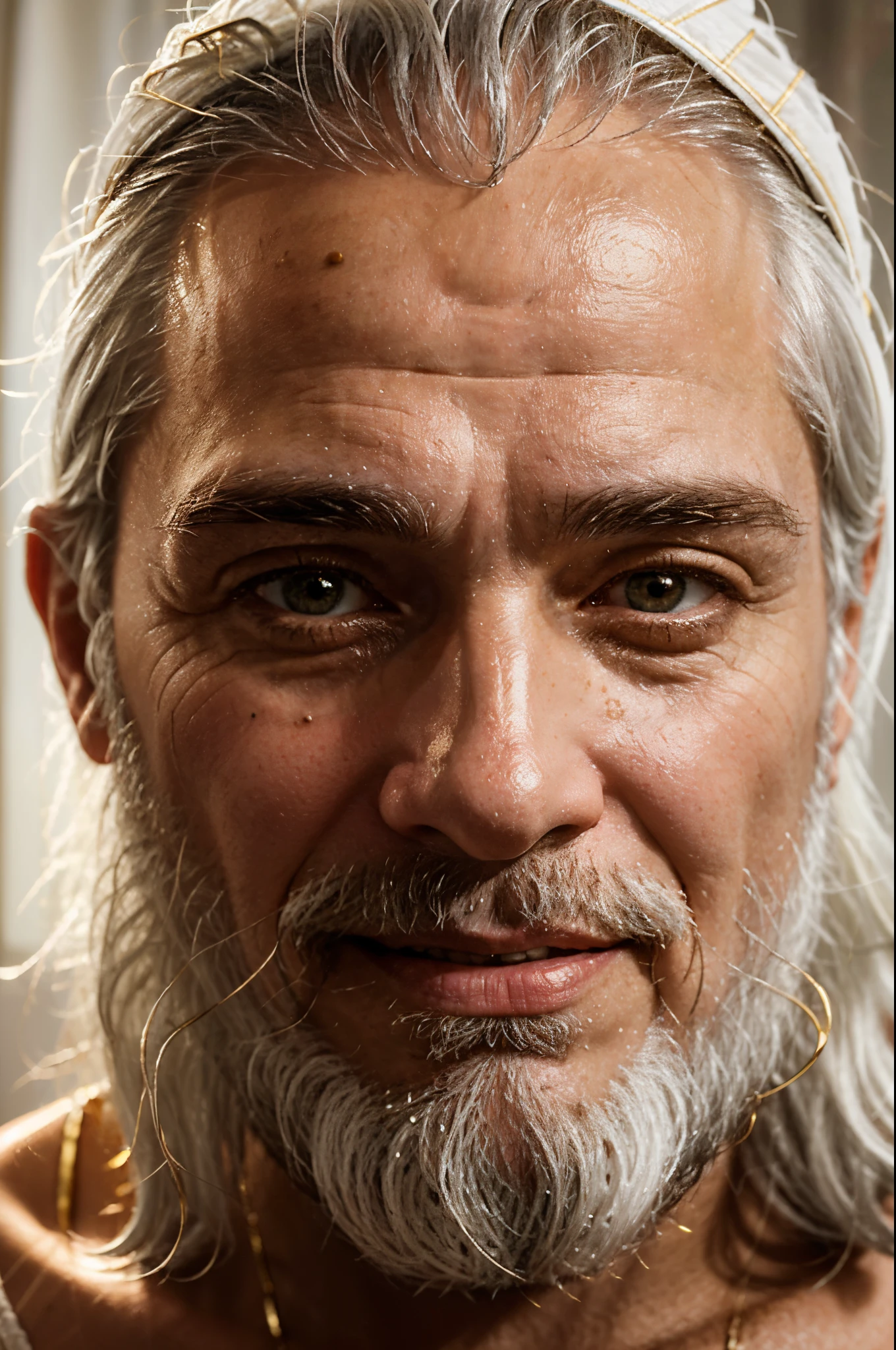 create the image of an old man with a beard and white hair with , close eyes in prayer, something divine, God, with rays of light behind, very beautiful detailed, 8k, tones of gold and white , the face of piece, smiling