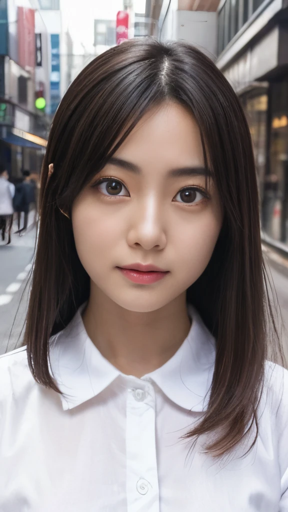 master piece , Best Quality , Japanese , Cute face , 25 years old , (symmetric clear eyes:1.3) , Shining eyes , Looking at Viewer , white shirts , city street