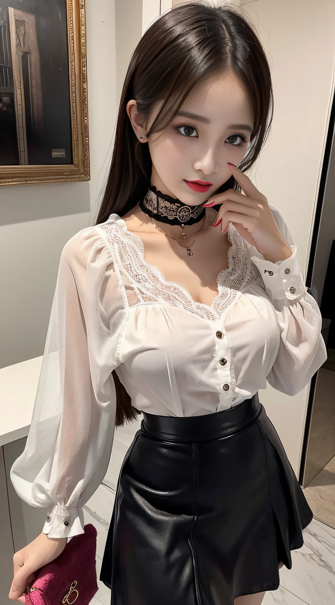 Bright room、Ultra-high resolution、RAW Photos、8K、Detailed skin type、Age 22 years old、(New Bride)、((smile))、((blunt bangs))、((hime_cut))、((Sunny kitchen))、Big Breasts、(White tight puff sleeve shirt)、Black Hair、(Delicate illustrations drawn in detail)、((Grey Skirt))、((Sit on a chair in the Kitchen))、((Skirt Lift))、((Spread your legs))、((detailed design panties))、((Printed panties))、(Wear socks)、