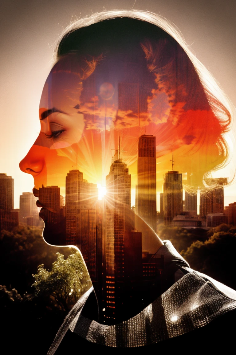 Fill the silhouette of a person with the warm hues of a setting sun, creating a visually striking double exposure that contrasts the dark outline with the vibrant sky.