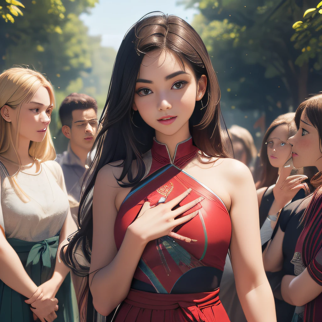 sfw, (Extremely detailed 8k wallpaper:2), (photo:2), (soigne Beautiful girl:2), (gives a lecture to friends:2), detailed (Face and eyes), (hyper realistic:1), (highly detailed:1), (epic realistic:1), rim light, (maximum details:1), cozy, (fullbody:1.3), (looking at viewer:2.0), (Woman's Attractive Qualities:2), (Attractive Woman:2), (Attractive:2), Smile, Intelligence, Empathy, Gracefulness, Sense of Style, Fitness, Grooming, Optimism, (Sensitivity:2), Sincerity, Romantic Gestures, Playfulness, Fashion Sense, (Sensuality:2), Charm, Modesty, Thoughtfulness, (Femininity:1), Flirtatiousness, Warmth, (Physical attractiveness:2), A beautiful smile, A love of life, strength and power, vulnerability, curiosity, wonder, love, (nature background:2), kawaii, waifu, Beautiful breasts, (attractive body:2), (Beautiful body:2), Beautiful pose, attractive pose, (Beautiful legs:1.0), (spread legs:1.0), (Beautiful clothes:1), (classic clothes:2), (elegant clothes:2), (European clothes:2), detailed clothes, (skirt:1), (blouse:1), (provocative pose)
