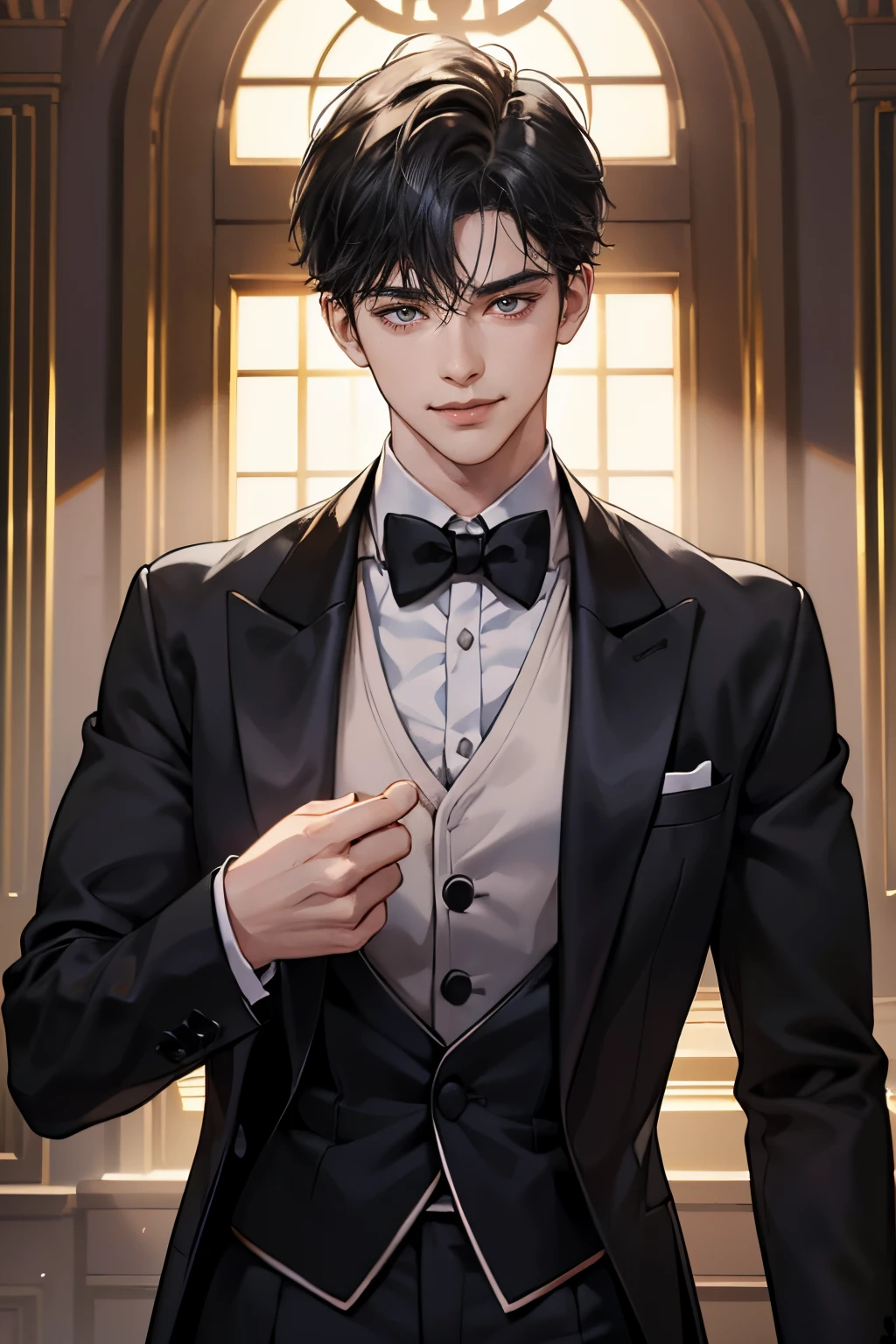 1 boy, Young male, Perfect male body, face to camera, (Butler,black tuxedo, smile),color difference, Depth of field, dramatic shadow, Ray tracing, Best quality, Cinematic lighting, Extremely detailed CG, 8k wallpaper,